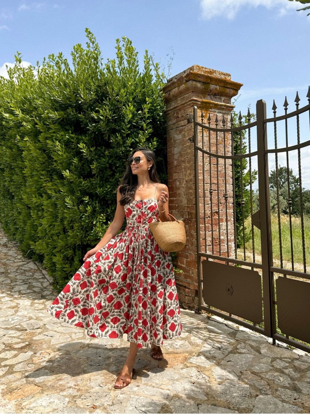 RHODE Red & White Floral Maxi Dress with Spaghetti Straps